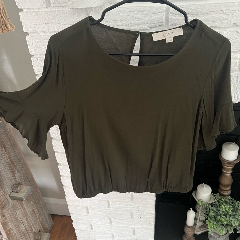 LOFT Olive Green Flutter Sleeve Blouse